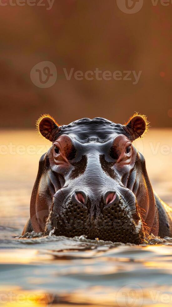 retrato de hipopótamo graciosamente sentado en aguas de sub saharaui África mientras mantener ojo contacto con cámara. vitrinas seducir de fauna silvestre y alienta ecoturismo en región foto