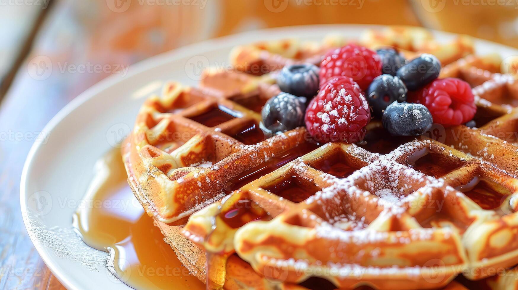 Waffles drizzled with syrup and adorned with fresh raspberries, blueberries on white plate on wooden table. Tempting breakfast or dessert option, promoting culinary delights, brunch menus photo