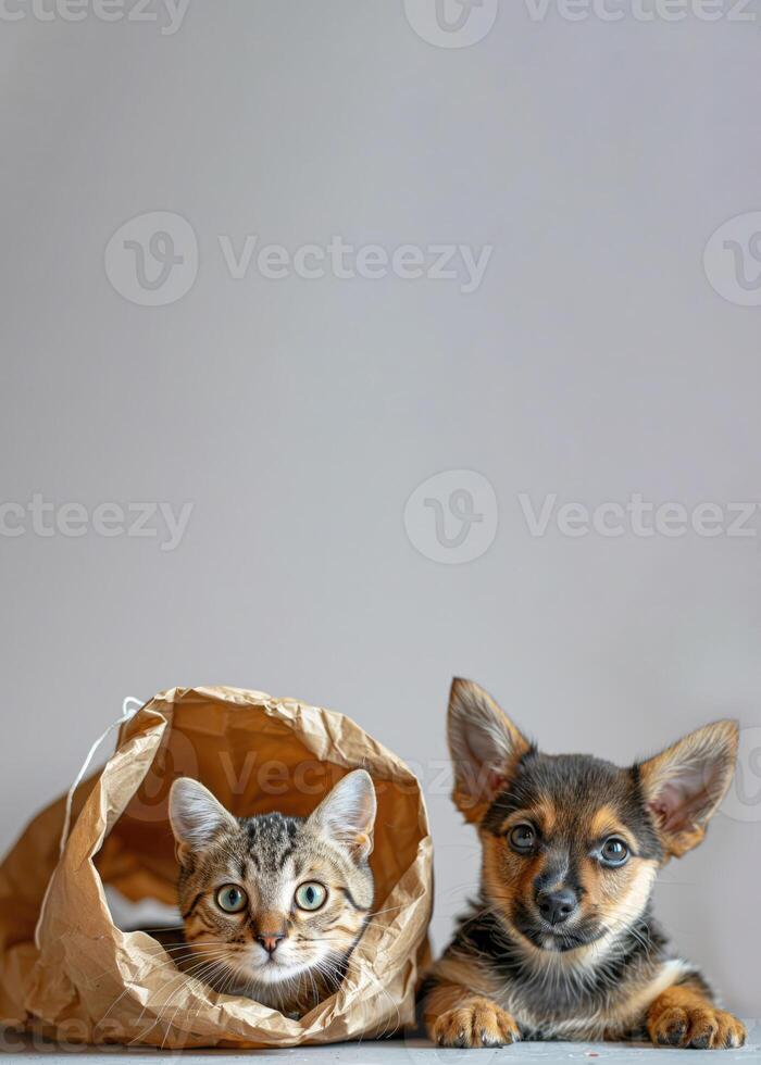 curious kitten with bright green eyes in crumpled brown paper bag, next to cute puppy on gray background copy space. concept of pet adoption, animal welfare, pet related products photo