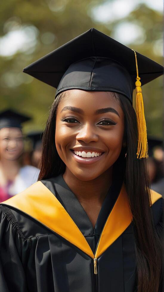 Close-up shot of graduate wearing mortarboard on her head, reveal radiant dark skin girls face, her smile beaming with pride and happiness as young lady savor moment of her achievements photo