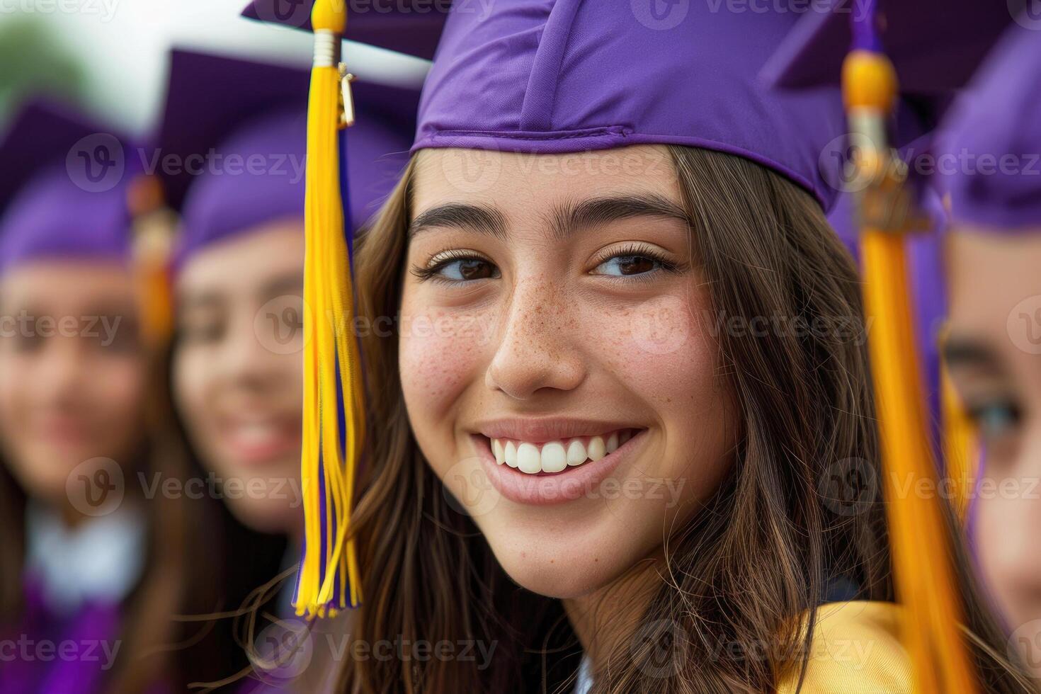 Close-up shot of graduate wearing mortarboard on her head, reveal radiant girls face, her smile beaming with pride and happiness as young lady savor moment of her achievements photo