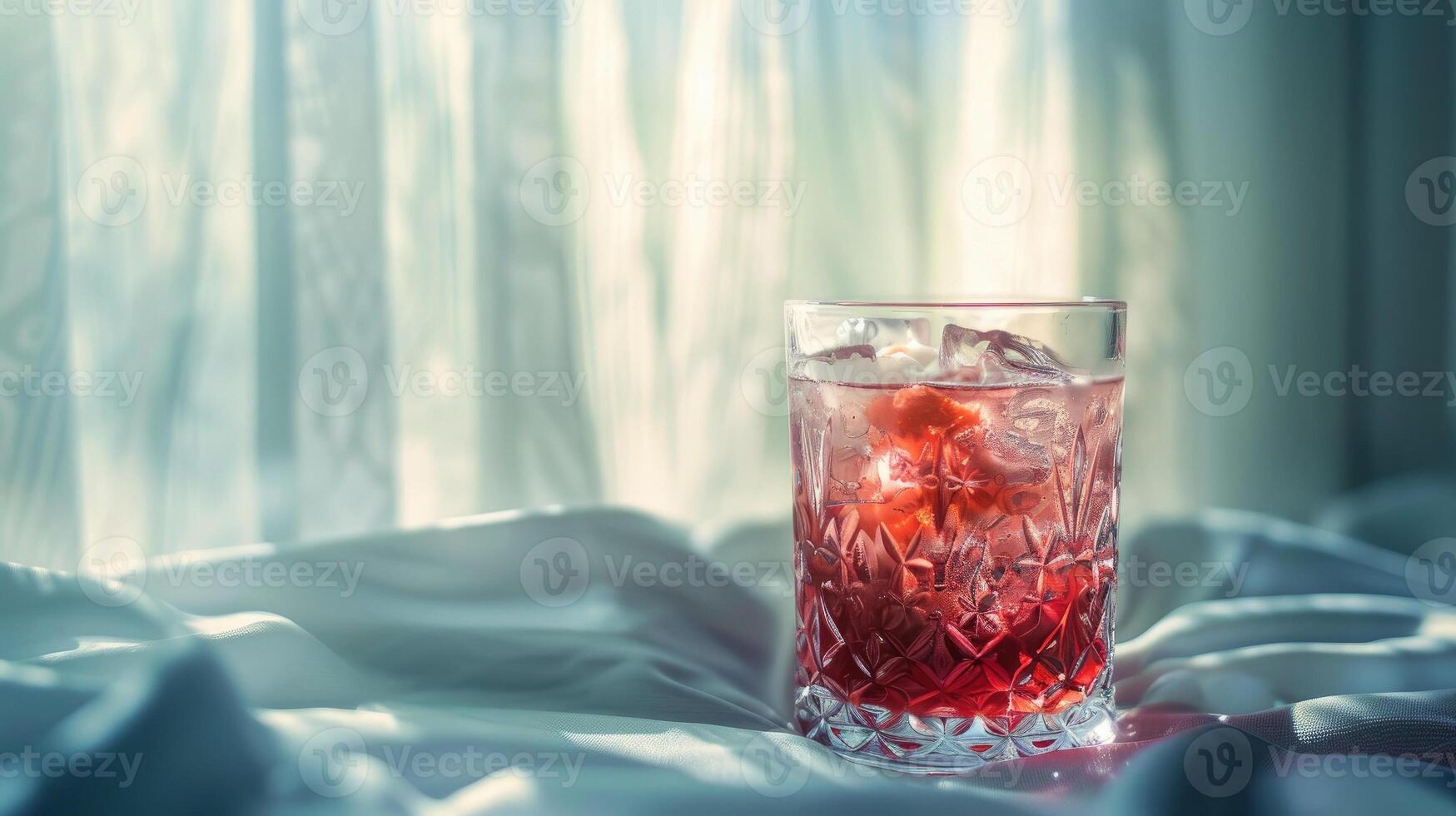 Glass of sleepy girl mocktail, drink made from cherry juice, magnesium powder and non alcoholic soda. Quiet luxury interior, backdrop of curtain, soft light, blurred background photo