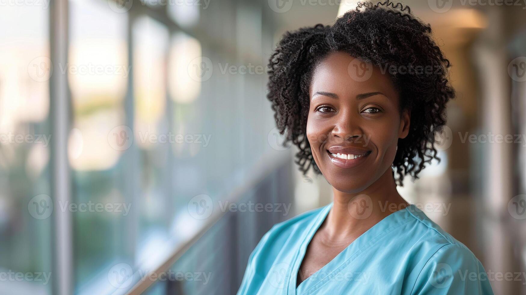 Young black female doctor in blue scrubs, smiling looking in camera, Portrait of medic professional, hospital physician, confident practitioner or surgeon at work. blurred background photo