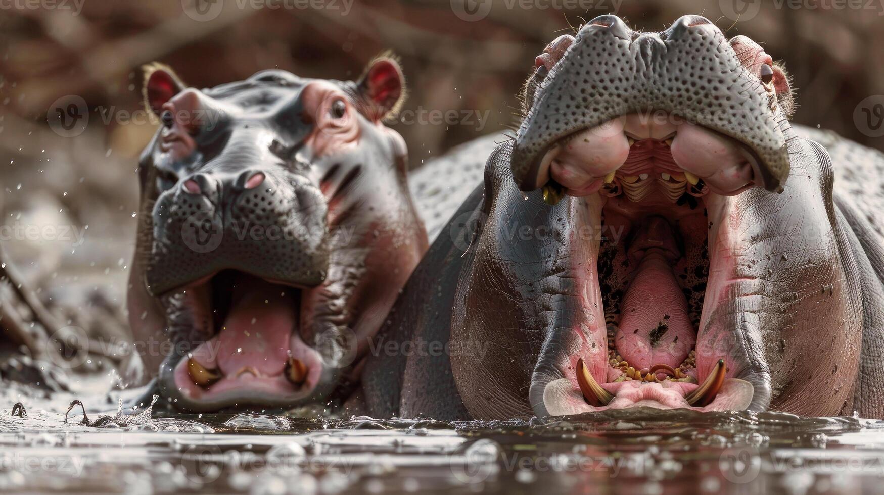 hipopótamo madre con abierto boca y su adorable bebé hipopótamo en aguas de sub saharaui África. fauna silvestre concepto, bueno para viaje folletos, naturaleza documentales, animal conservación campañas foto