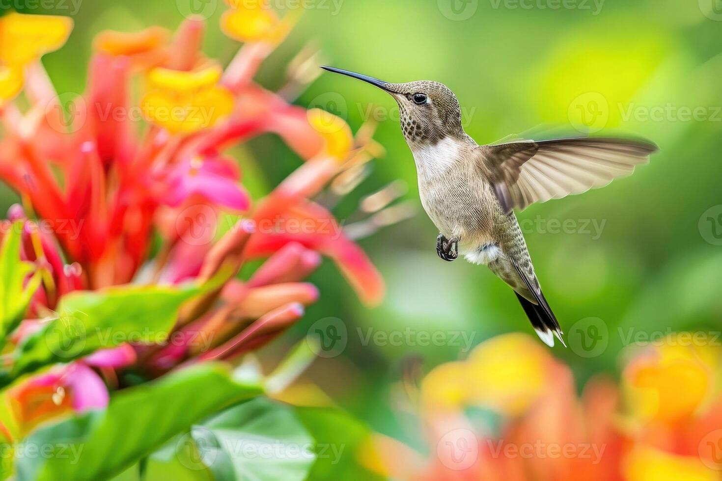 Witness the elegance of a hovering hummingbird amidst a colorful flower, set against a softly blurred backdrop. Nature's beauty in motion photo