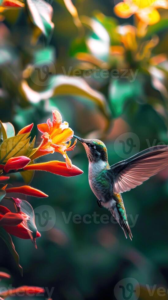 vibrant hummingbird hovers near a colorful flower against a blurred background, capturing the essence of nature's beauty and wildlife. symbolizing intelligence, beauty, devotion, and love photo