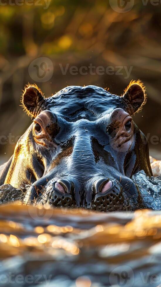 Closeup portrait of majestic Hippo gazing at camera while sitting in the waters of sub-Saharan Africa at golden hours. Captures the essence of wildlife and promotes tourism in the region photo