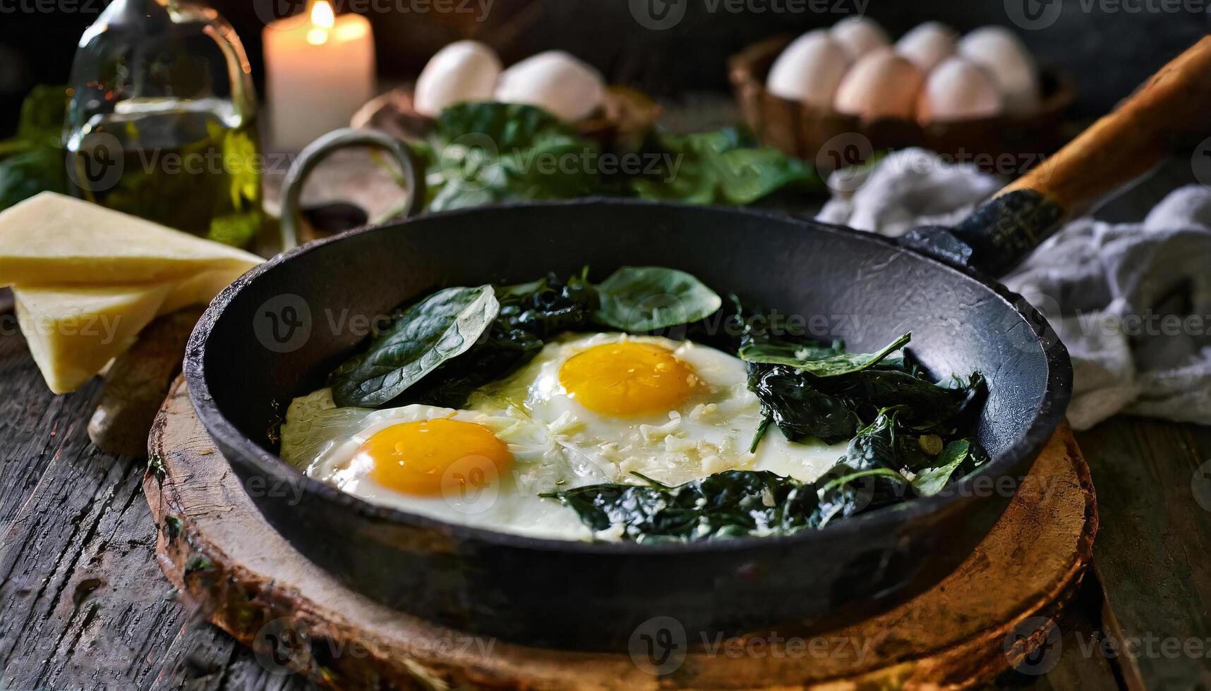 A pan of sunny side up eggs and spinach is on a wooden table with cheese photo