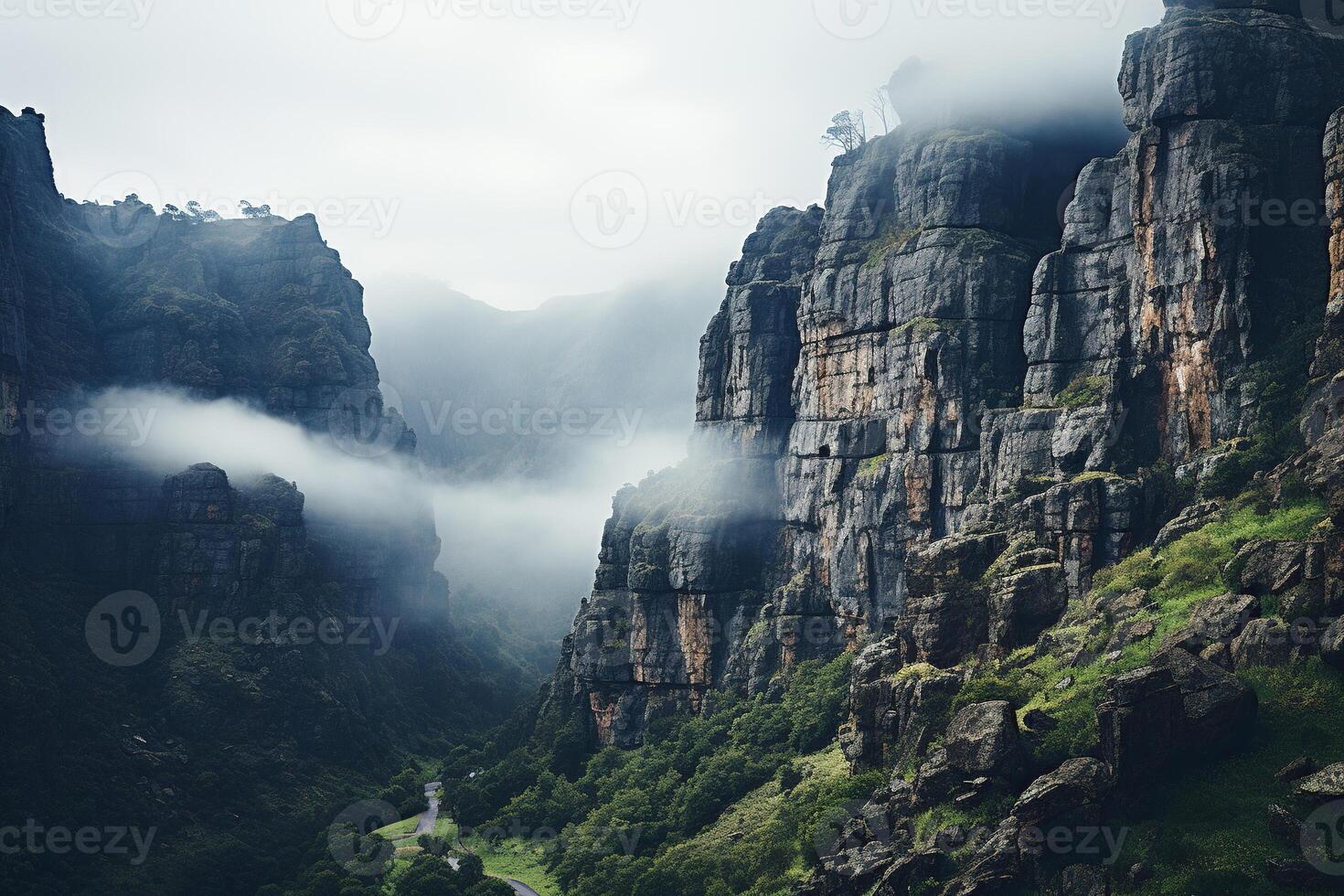 Clouds creep among high rocks. Generated by artificial intelligence photo