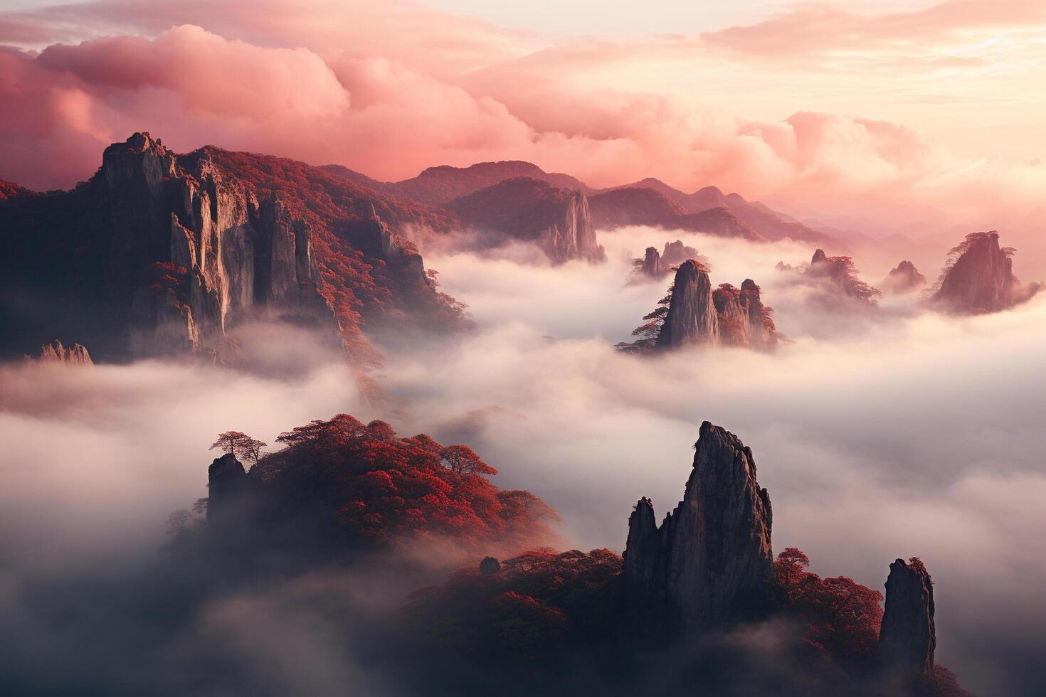 magnífico ver de el rocas en contra el fondo de puesta de sol con rosado nubes generado por artificial inteligencia foto
