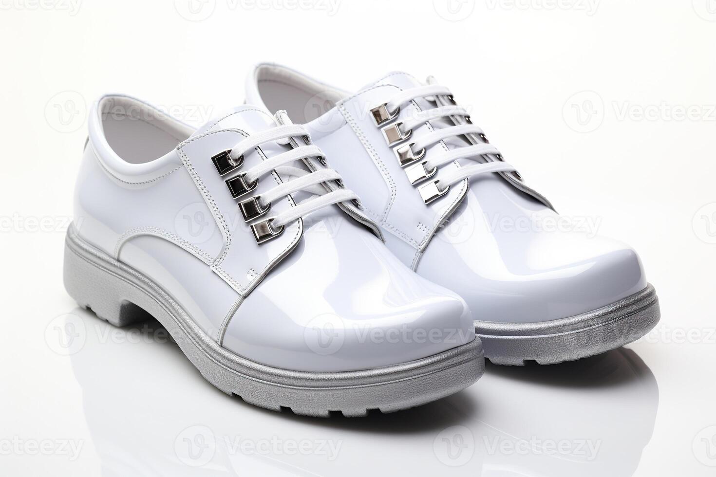 Pair of white lace-up boots on a white background. Generated by artificial intelligence photo