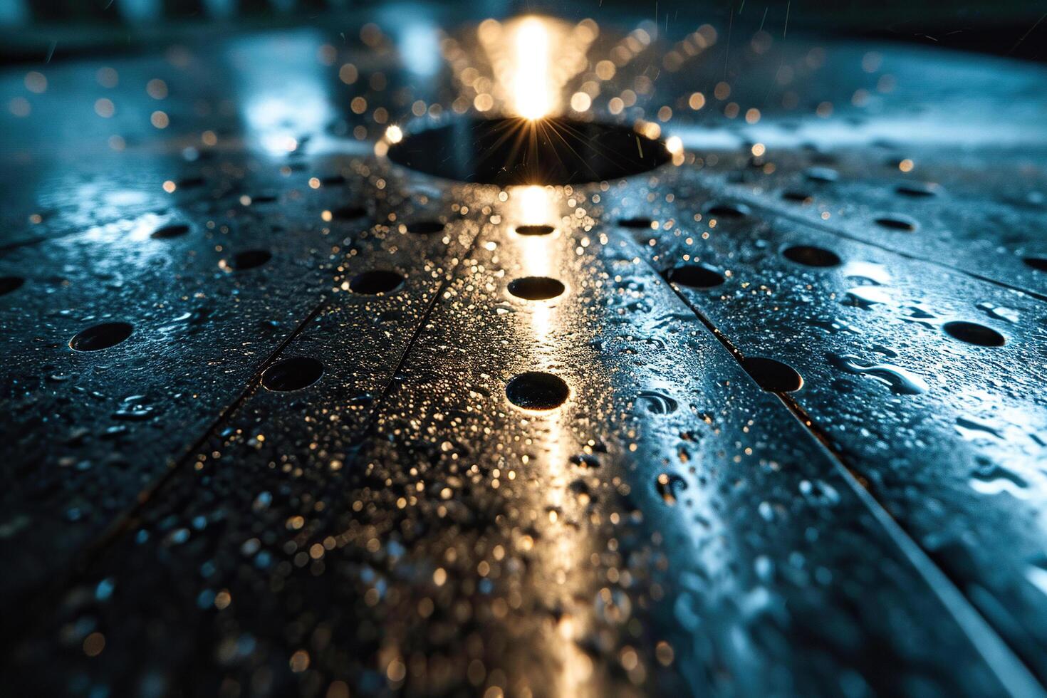 Abstract metal background with water drops and golden rays reflection. Generated by artificial intelligence photo