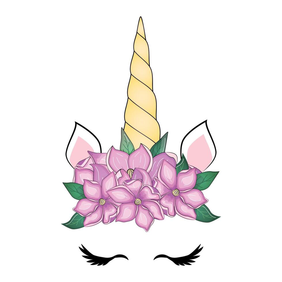 Cute unicorn with floral wreath and gold glitter horn. hand drawn illustration vector