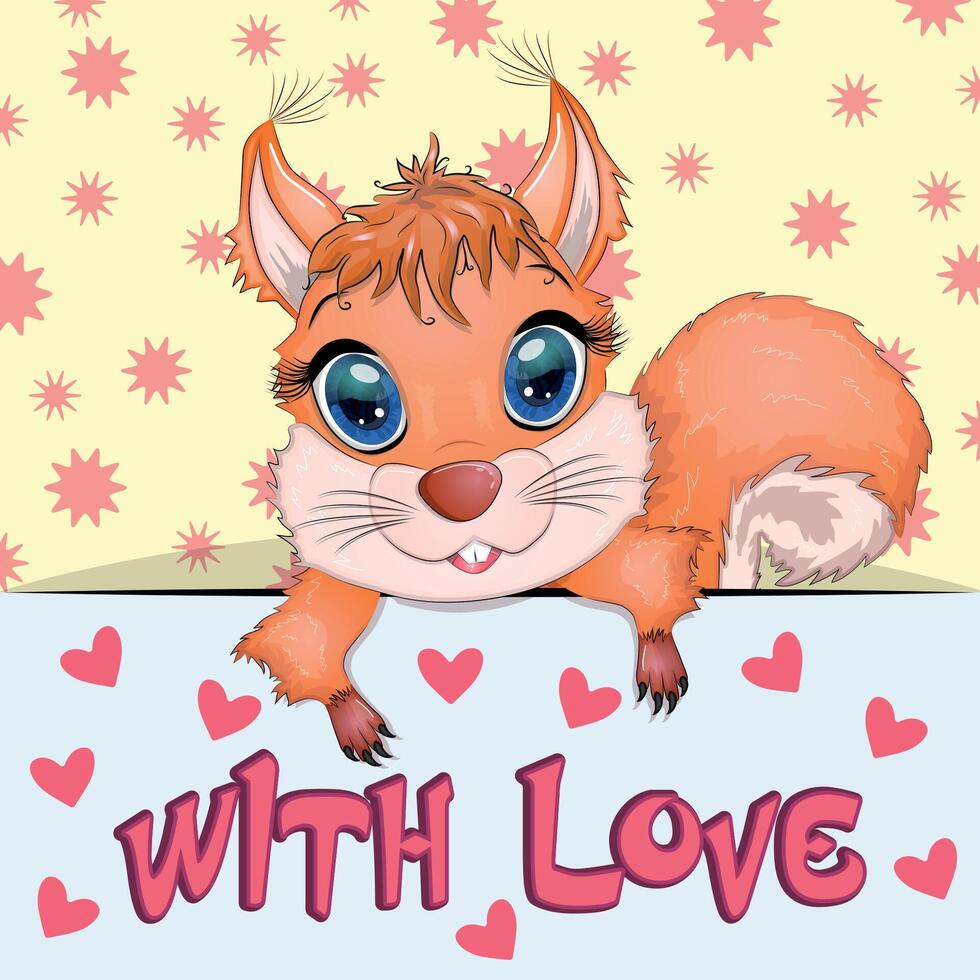 Love you valentine's day greeting card with animal. Cute hero with beautiful eyes, expressive vector