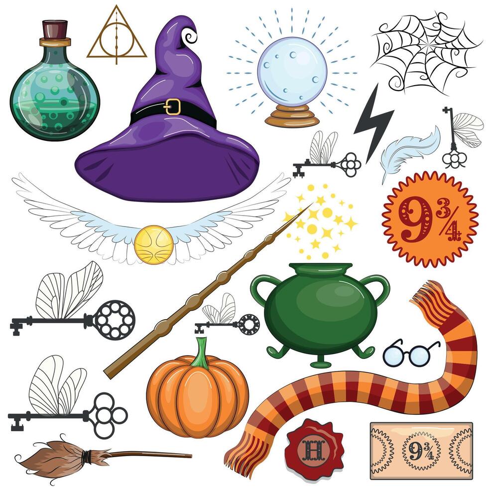 Halloween sorcery and magic items, game assets. potion bottle, lantern, skull, candle vector