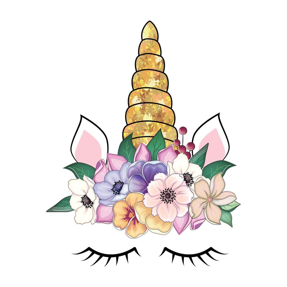 linda unicornio con floral guirnalda y oro Brillantina bocina. mano dibujado ilustración vector