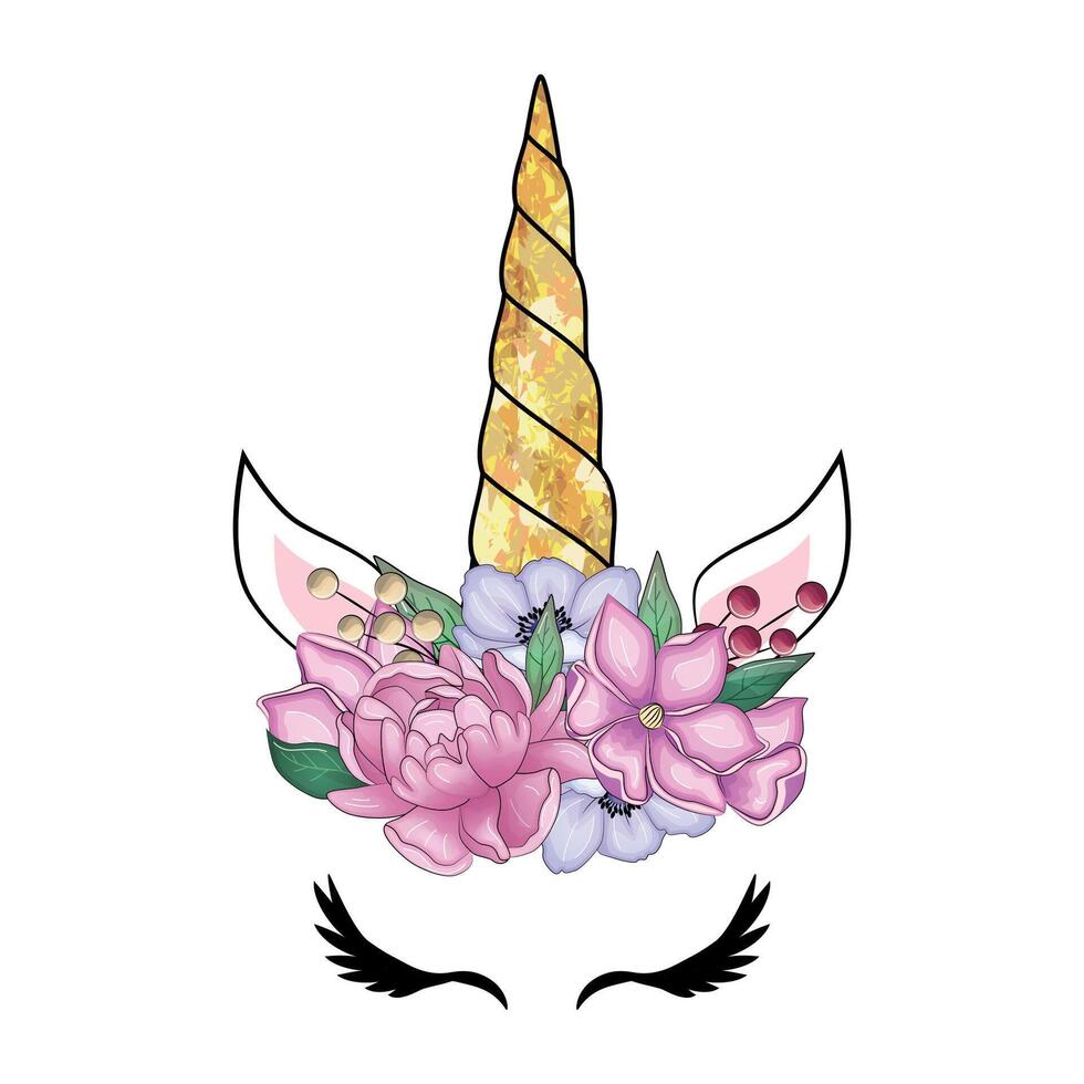 Cute unicorn with floral wreath and gold glitter horn. hand drawn illustration vector