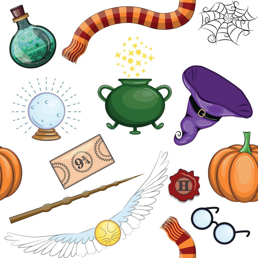 Magic items seamless pattern in flat style. School of Magic. vector