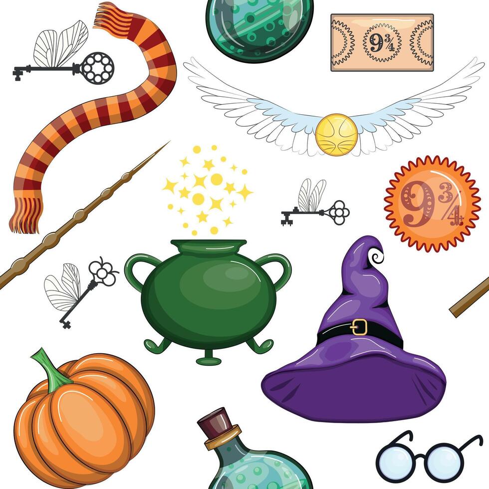 Magic items seamless pattern in flat style. School of Magic. vector