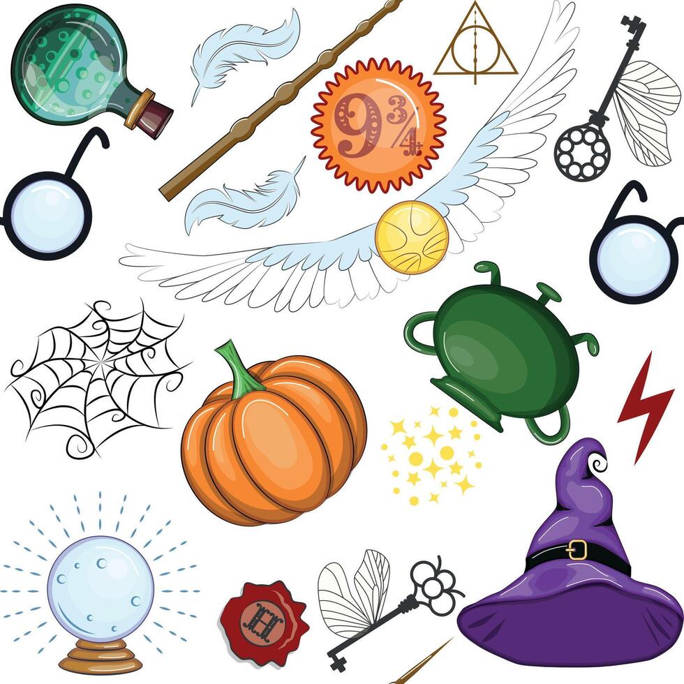 Magic items seamless pattern in flat style. School of Magic. vector