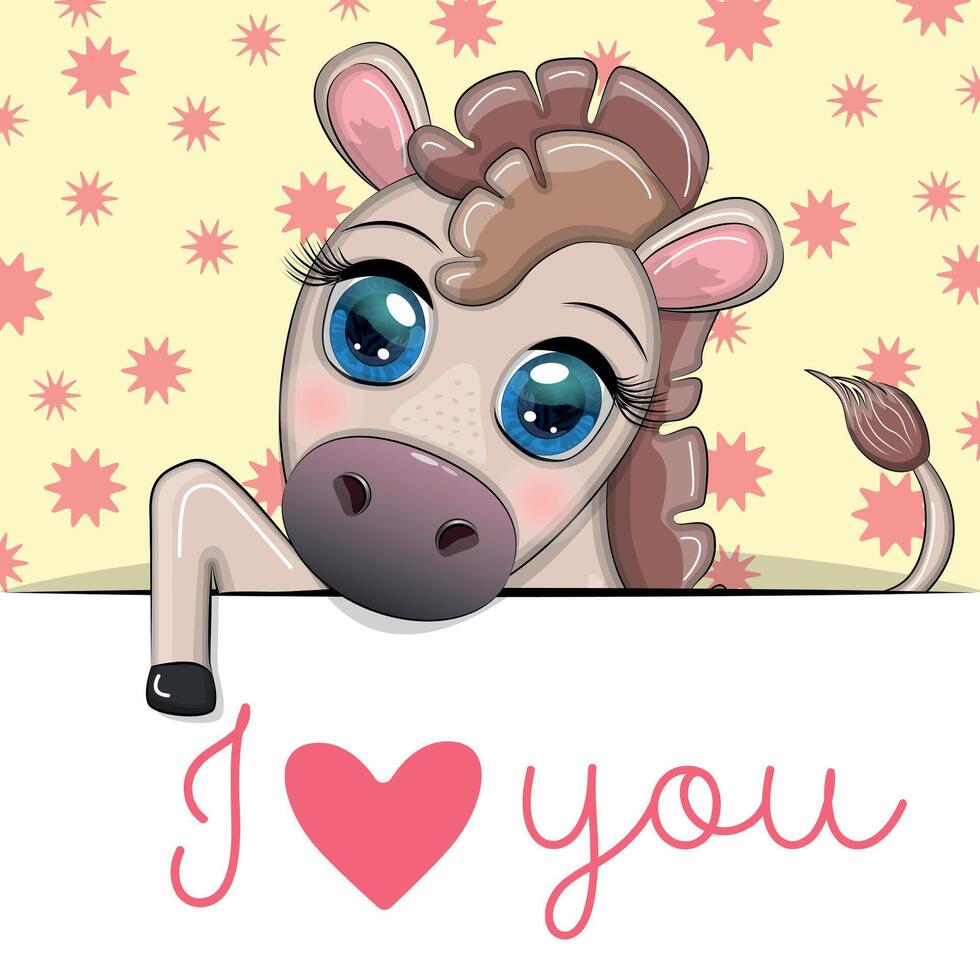 Love you valentine's day greeting card with animal. Cute hero with beautiful eyes, expressive vector