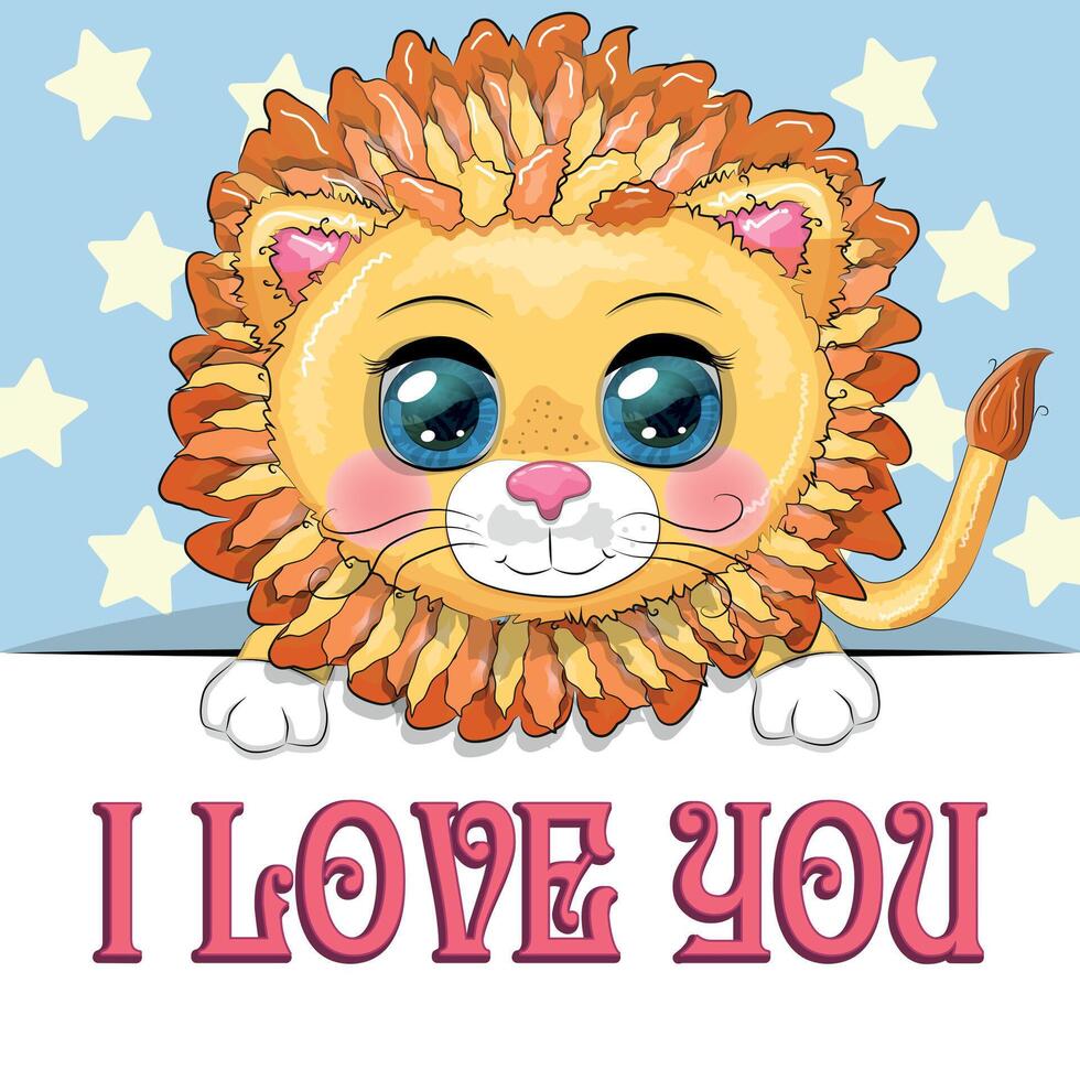 Love you valentine's day greeting card with animal. Cute hero with beautiful eyes, expressive vector