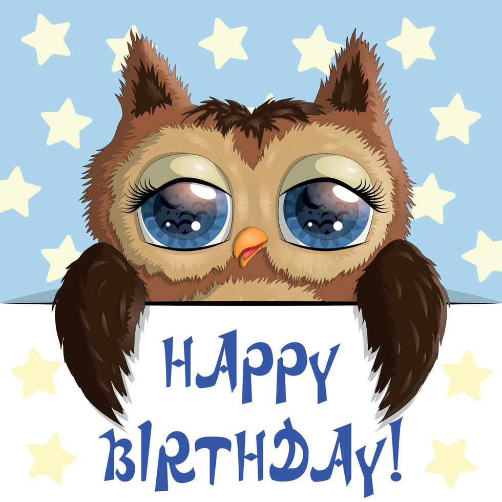 contento cumpleaños tarjetas con animales linda héroe con hermosa ojos vector