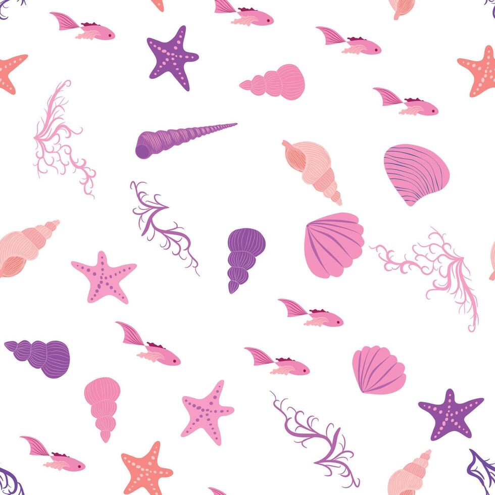 Seamless pattern with starfish, corals, pearls and seashells. background with marine theme. vector