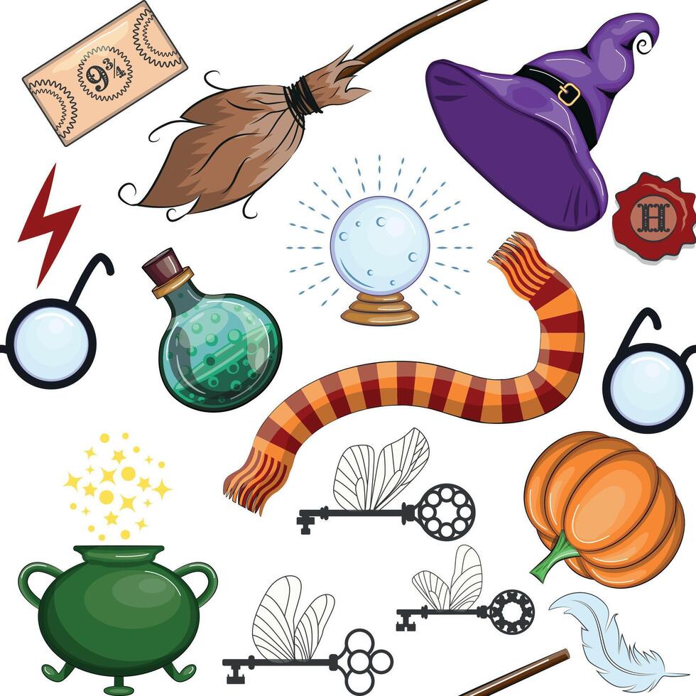 Magic items seamless pattern in flat style. School of Magic. vector