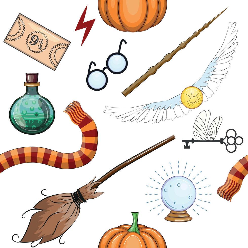 Magic items seamless pattern in flat style. School of Magic. vector