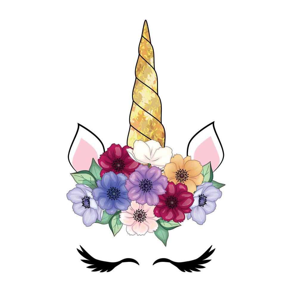 linda unicornio con floral guirnalda y oro Brillantina bocina. mano dibujado ilustración vector
