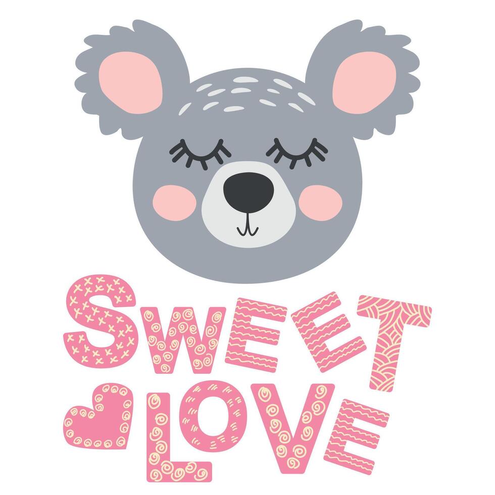Cute face of an animal with lettering. Childish print for nursery in a Scandinavian style. baby posters, cards, clothes vector