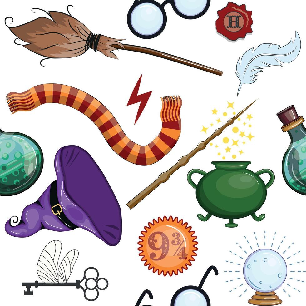 Magic items seamless pattern in flat style. School of Magic. vector