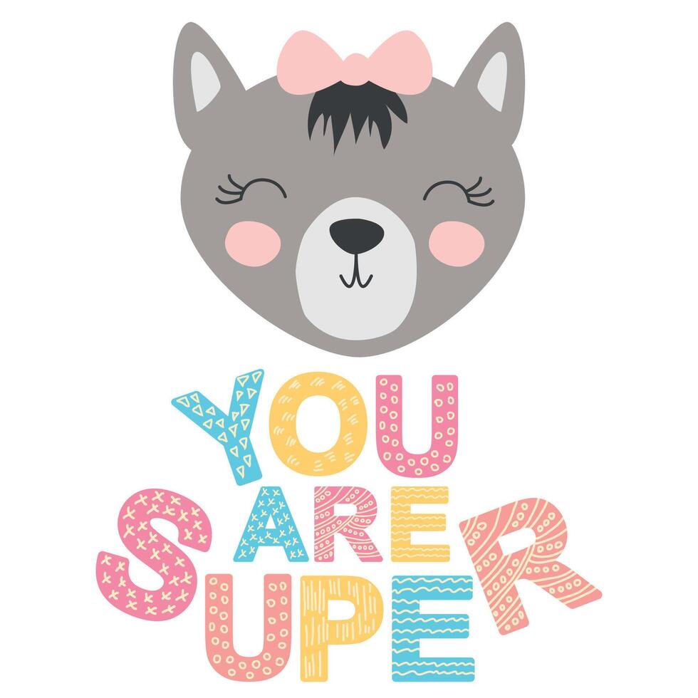Cute face of an animal with lettering. Childish print for nursery in a Scandinavian style. baby posters, cards, clothes vector