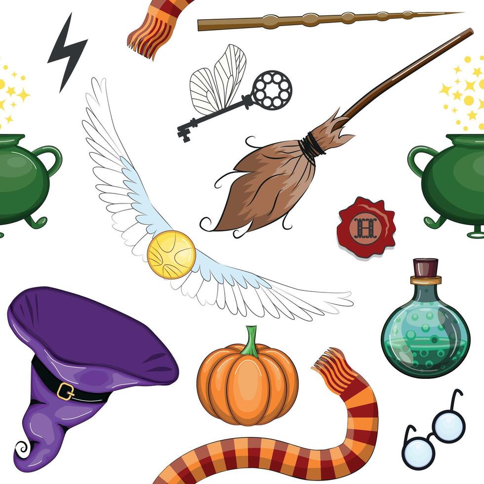 Magic items seamless pattern in flat style. School of Magic. vector