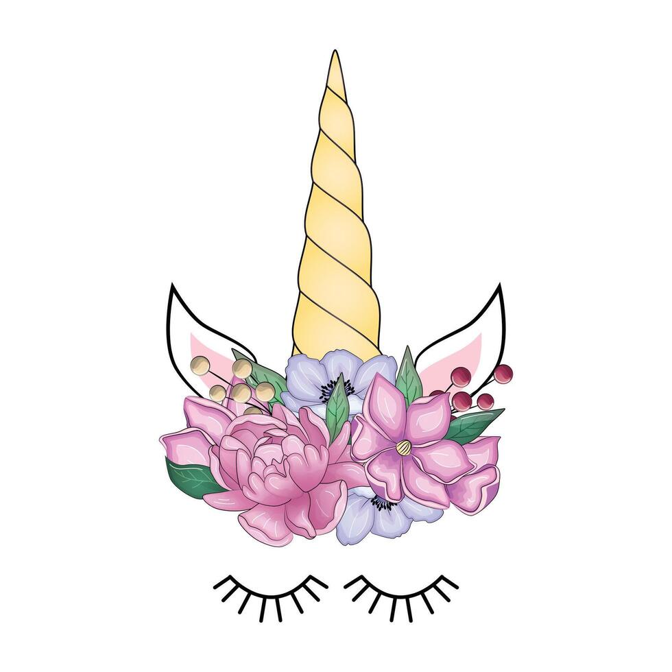 Cute unicorn with floral wreath and gold glitter horn. hand drawn illustration vector