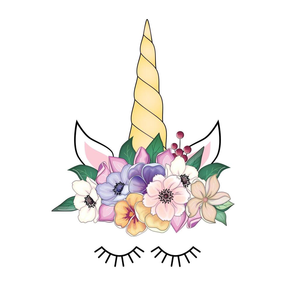 Cute unicorn with floral wreath and gold glitter horn. hand drawn illustration vector