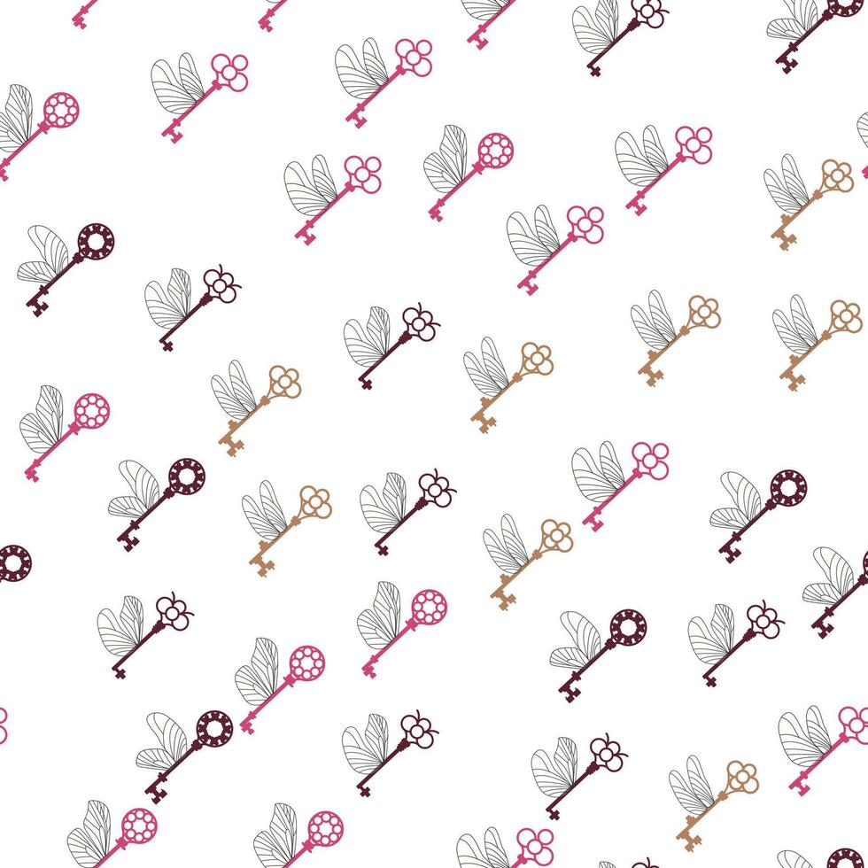 Seamless pattern with magic keys with wings. . vector