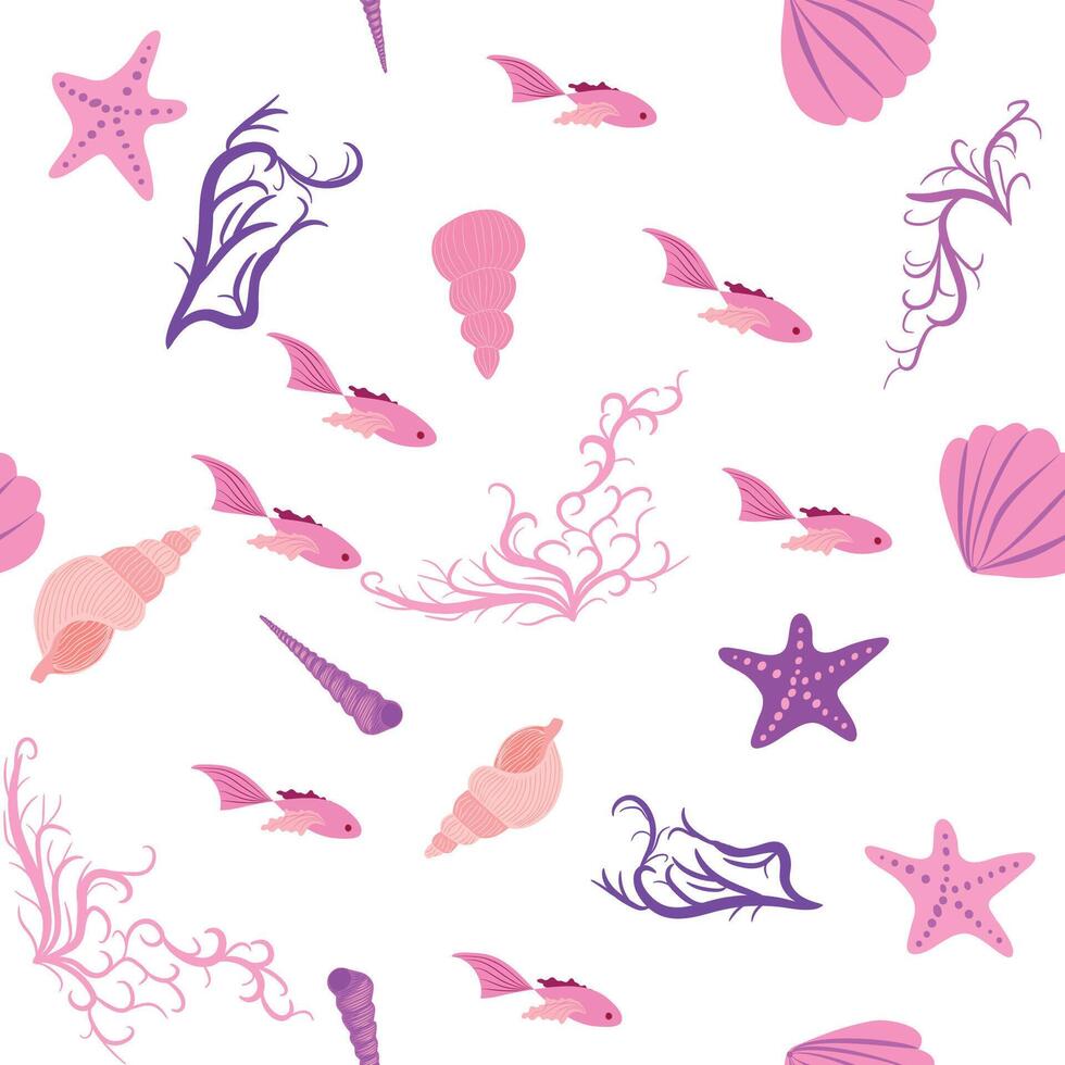 Seamless pattern with starfish, corals, pearls and seashells. background with marine theme. vector