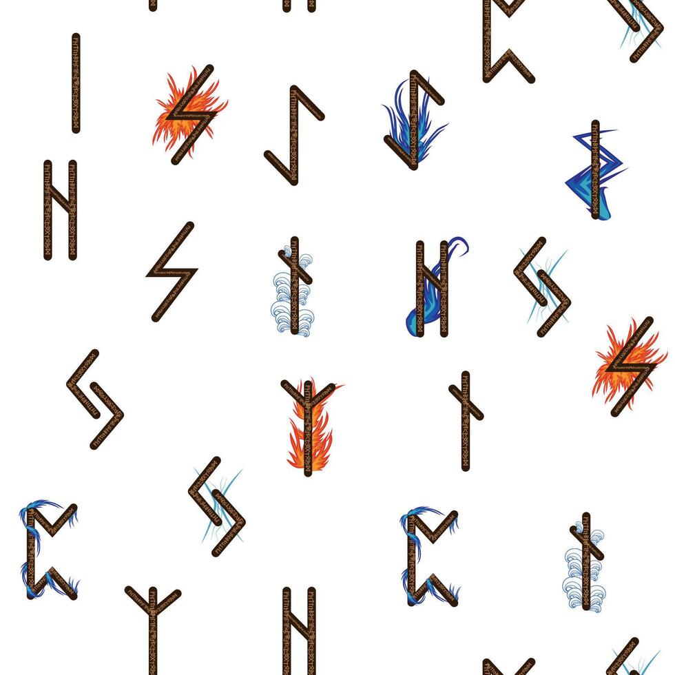 Hand drawn runic letters seamless pattern with elemental symbols. Magic signs and symbols of Scandinavian culture vector