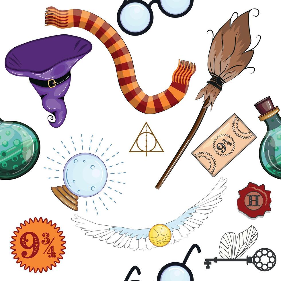 Magic items seamless pattern in flat style. School of Magic. vector