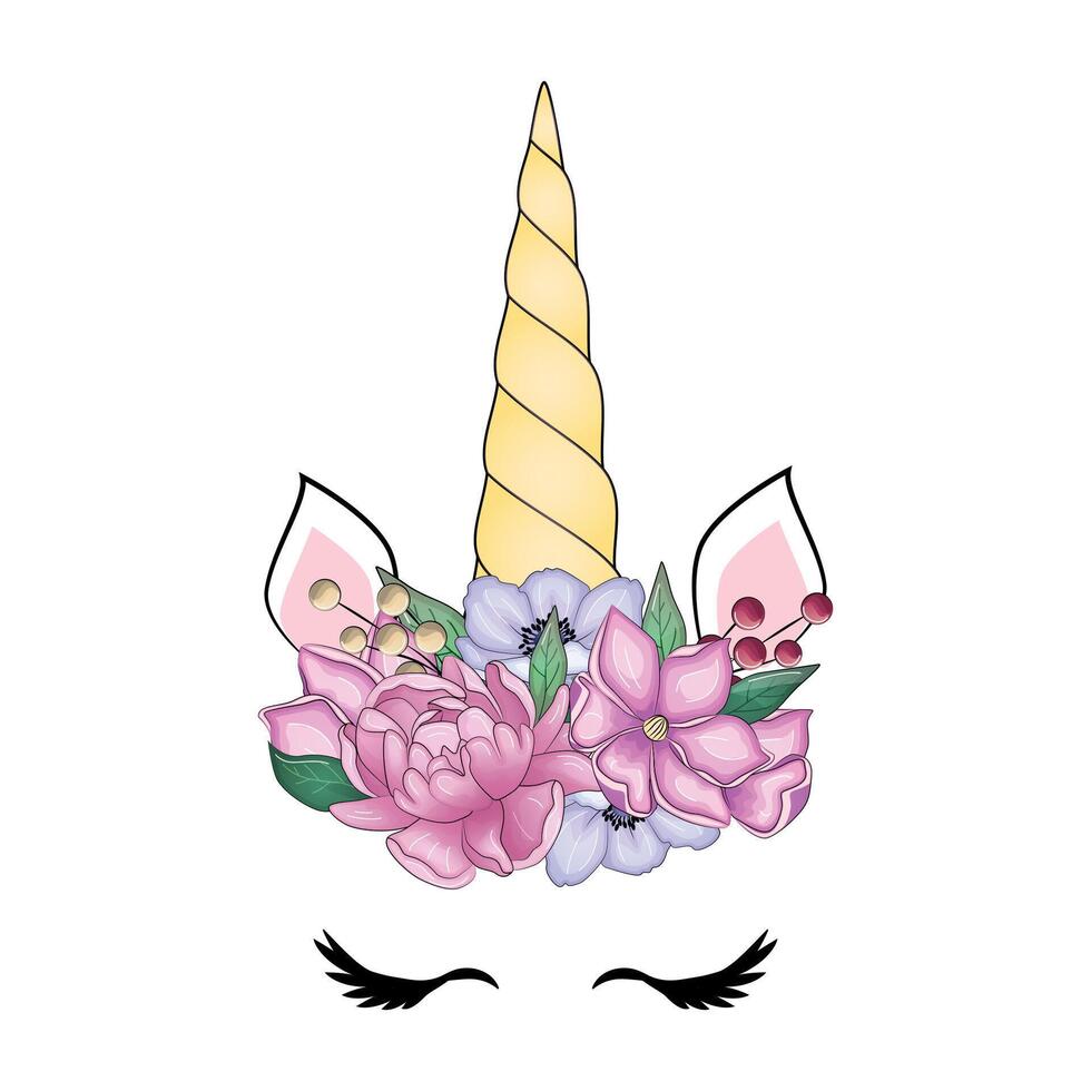 Cute unicorn with floral wreath and gold glitter horn. hand drawn illustration vector