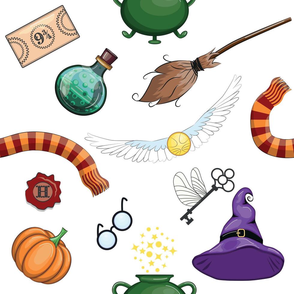 Magic items seamless pattern in flat style. School of Magic. vector