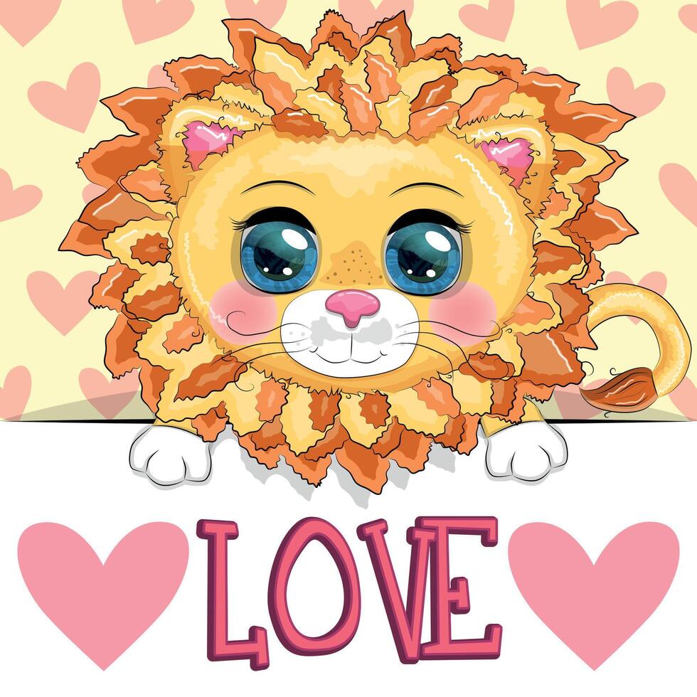 Love you valentine's day greeting card with animal. Cute hero with beautiful eyes, expressive vector