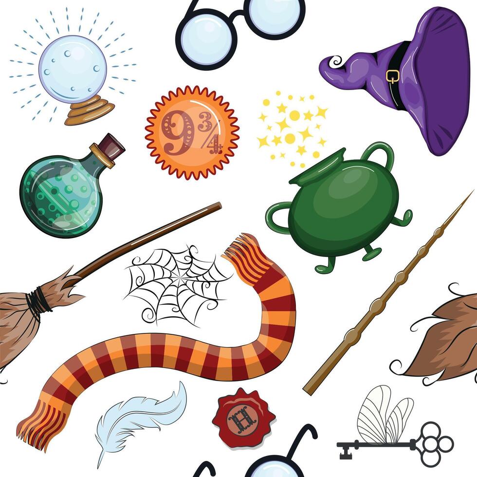 Magic items seamless pattern in flat style. School of Magic. vector