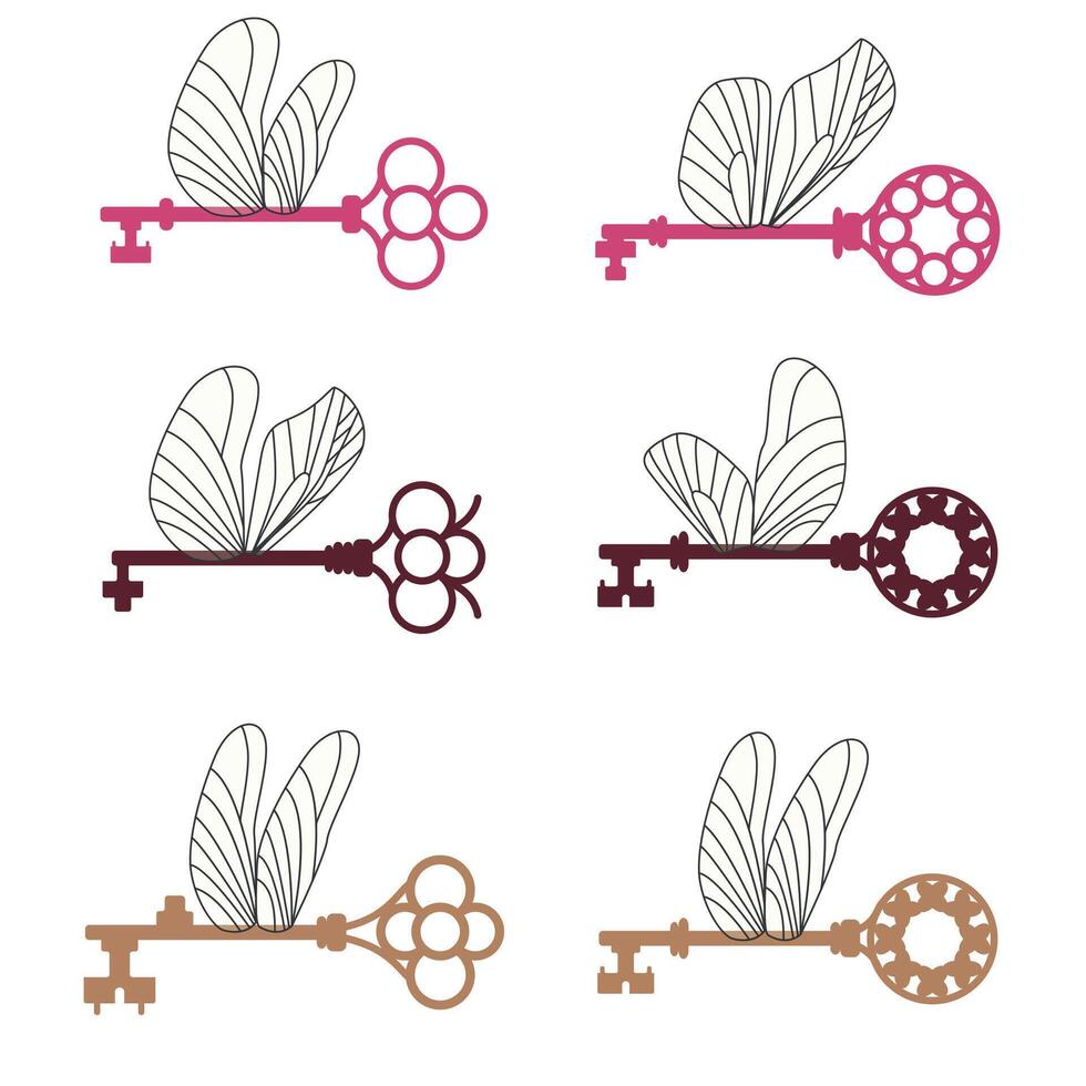 Vintage flat illustration with a set of cartoon keys. Collection of antique keys with wings. Home Security vector