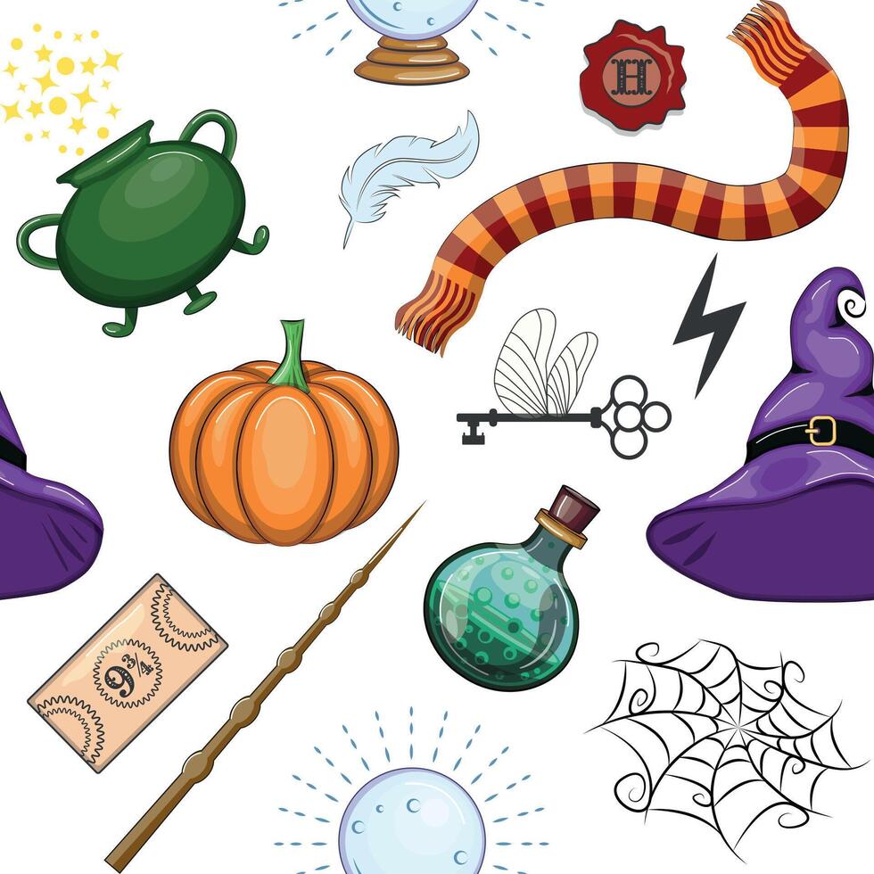 Magic items seamless pattern in flat style. School of Magic. vector