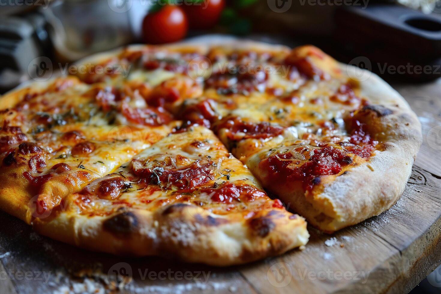 Appetizing margherita pizza on a wooden tray. Vegetarian pizza without meat. Generatve ai photo