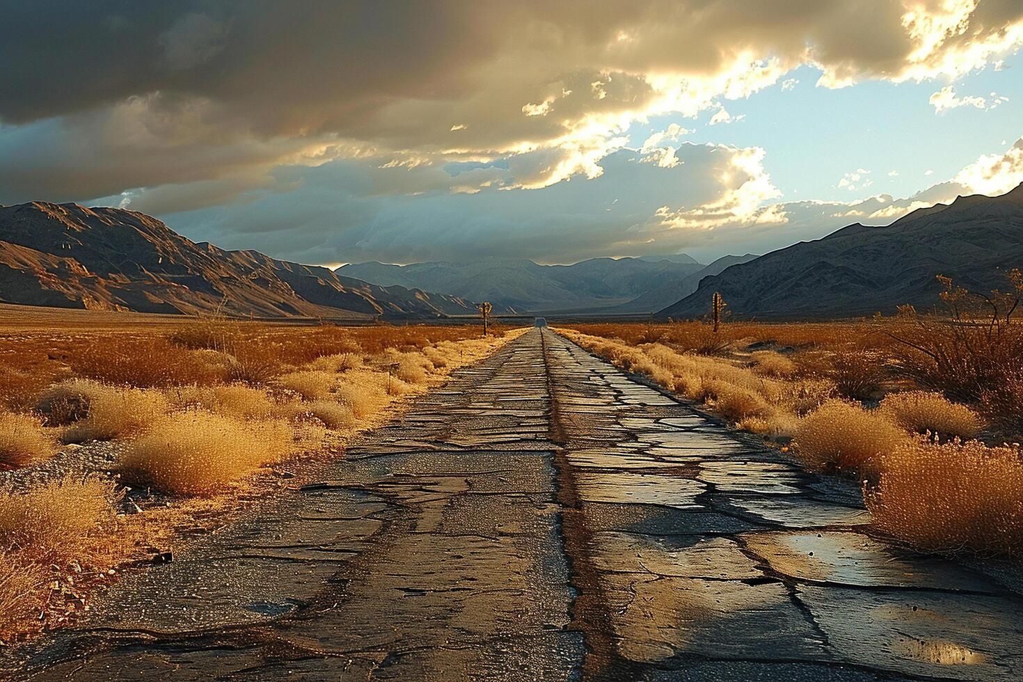un antiguo asfalto la carretera en el medio de el Desierto en el ligero de el Dom. generado por artificial inteligencia foto