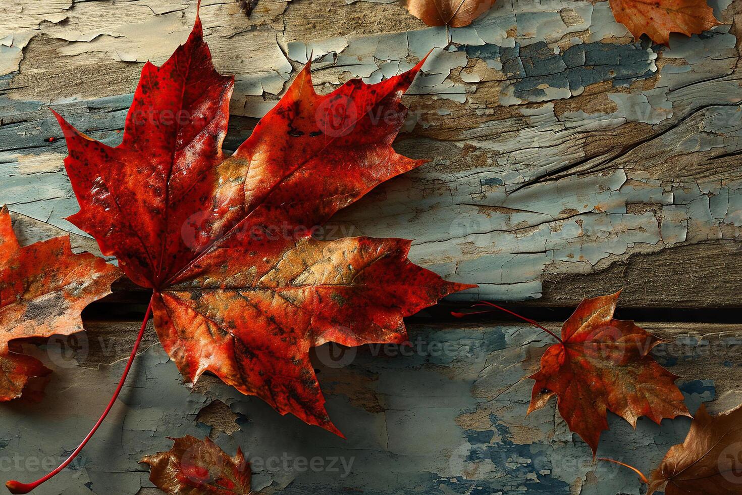 Red maple leaves on a wood background. Generated by artificial intelligence photo